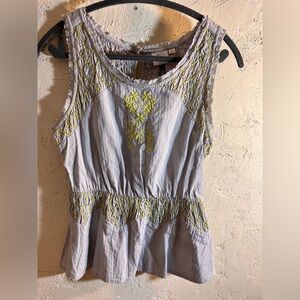 Gray and Lime Green Anthro brand Smocked Peplum Tank Top embroidered summer tank